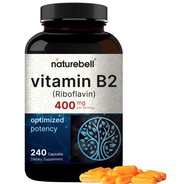 NatureBell Vitamin B2 Riboflavin 400mg Per Serving, 240 Capsules | Essential Daily B Vitamin, Easily Absorbed Form – Supports Energy, Skin, and Cellular Health – Non-GMO, Gluten Free