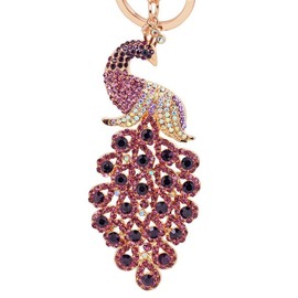 Majestic Peacock Keychain Blingbling Crystal Handbag Charm for Feather Fans Key Chain Bird Animal Lovers Rhinestone Key Ring Holder Purse Bag Car Hanging Pendant Decoration Gift (Purple)