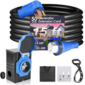 Seeutek 50 Amp Generator Extension Cord 15 Feet Generator Cable 125V/250V 12500W Generator Power Cord NEMA 14-50P/SS2-50R, with Pre-Drilled Power Inlet Box & Generator Interlock Kit, ETL Listed