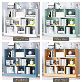 IOTXY Open Shelf Low Bookcase - Wooden 3-Tier Floor Standing Display Cabinet Organizer with Base, 8 Cubes Short Horizontal Bookshelf in Tiffany-Green
