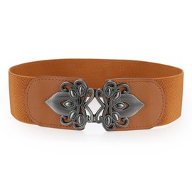 JewelryWe Women's Elastic Wide PU Retro Flower Buckle Waist Belt, Dress Belt, 4, Base Metal