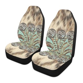 LONSANT Western Car Seat Covers Set of 2,Rustic Brown Beige Teal Western Country Cowboy Tooled Leather Universal Auto Front Seat Cushion Protector for Women Men Cool Car Accessories Fit for Car Truck