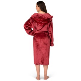 PAVILIA Plush Hooded Robe For Women | Wine Maroon Fluffy Soft Bathrobe With Hood | Fuzzy Warm Spa Robe, Cozy Fleece Long Robe | Satin Trim, Large-X-Large