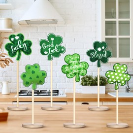 Moinchore 6 Pcs St. Patrick's Day Table Decoration Tall Standing Felt Shamrocks Green Clover Irish Standing Shamrocks Fabric Wooden St Patricks Day Tabletop Centerpieces for Home Party Decor
