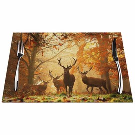 Walmsco Placemats Deer Autumn Woods Sunset Decor For Dining Room Kitchen Table,Waterproof Non-Slip Washable Heat Resistant Placemats,Set of 4,12"x18"