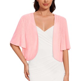 CHICALLURE Shrugs for Women Open Front Bolero Tops Sheer Cardigans Short Sleeve Dress Shawl(Pink,L)