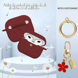 AIIEKZ Flower Engraved Case Compatible with AirPods 3 Case Cover 2021, Soft Silicone Case for AirPods 3rd Generation Case with Cute Flower Keychain and Carabiner for Girls Women (Burgundy)