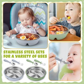 Nuogo 6 Pcs Stainless Steel Baby Suction Plates Forks Spoons Set Kids Toddler Plate with Removable Silicone Shell 2-in-1 Metal Divided Bowls for Led Weaning Dishwasher Safe