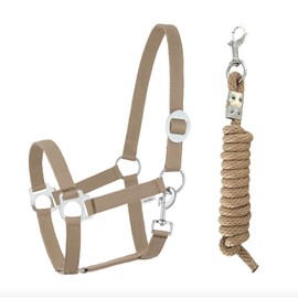 Halter Lead Rope Set with Snap Hook Adjustable Horse Halter Horse Wooden Horse Tie Rope (Carabiner Hook Khaki, Mini Shetty)