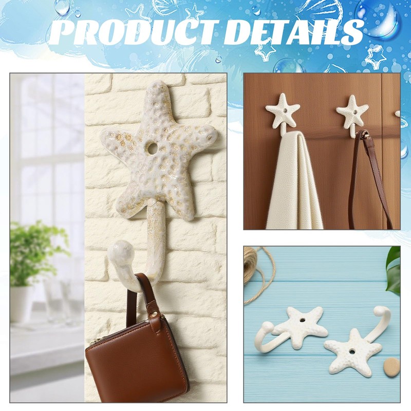 Newnessai 3Pcs Decorative Hooks, Cast Iron Star Fish Beach Themed