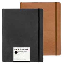 PAPERAGE 2-Pack Softcover Lined Journal Notebook (Black & Cognac), 176 Pages, Large B5 College Ruled Notebook, 7.6 inches x 10 inches - 100 GSM Thick Premium Paper, Soft Vegan Leather Journal for Home, Work & School