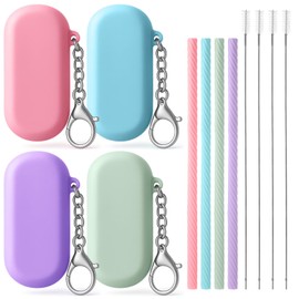 4 Set Portable Collapsible Straw,Reusable Straws Silicone with Case Silicone Portable Drinking travel Straw Set for Party Travel Cold or Hot with 4 Cleaning Brushes(Purple, Pink, Green, Blue）