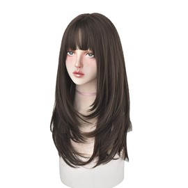 URCGTSA 25 Inches Long Straight Wig with Bangs Cold Brown Wig Heat Resistance Layered Synthetic Wigs for Women(Cold Brown)