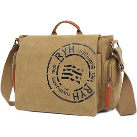 CAAORDKSO Large Vintage Canvas Messenger Shoulder Bag Travel Crossbody Bag for Men Women Canvas Satchel Messenger Bag Work (Khaki)