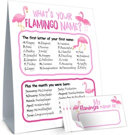 cidobi What's Your Flamingo Name, Flamingo Game Cards, 1 Flamingo Name Game Double Sided Sign, 30 Name Stickers, Flamingo Party Activity Cards
