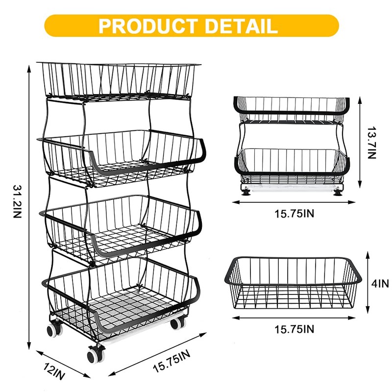 Fruit Vegetable Storage Basket, 4 Tier Stackable Metal Wire Storage