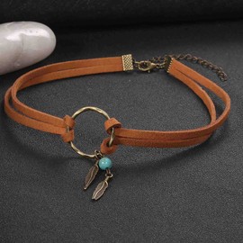 Cimenexe Bohemian Brown Suede Circle Leather Choker Necklace Turquoise Beads Necklace Choker Necklace Small Feather Dangle Necklace Jewelry for Women Girls
