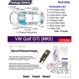 ZIYOLIGHT PL9105A - LED Interior Light Kit Package Replacement for Volkswagen Golf GTI MK5 2004-2008, Xenon White Dome Light Bulbs Upgrade Error Free (MK5 2004-2008 (12 Bulbs))