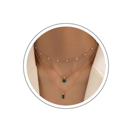 Cimenexe Bohemian Layered Emerald Pearl Choker Necklace Small Emerald Crystal Pendant Necklace Gold Pearl Satellite Chain Necklace Green Emerald Geometric Collar Necklace Jewelry for Women and Girls