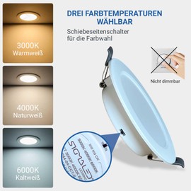Sigmaled lighting, LED Recessed Spotlights 4 W 360 lm, IP44 Recessed Spotlights for Outdoor and Indoor Use, Warm White 3000 K Neutral White 4000 K Cool White 6000 K, Hole Diameter 70-80 mm, 220 V-230