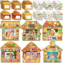 Kigley 24 Pack Hawaiian Picture Frames Craft with Stickers - Bulk DIY Summer Luau Picture Frame Craft Kit Aloha Tiki Bar Hut Photo 2 x 3 in Beach Hawaiian Theme for Tropical Summer Party Decoration