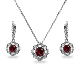 B. BRILLIANT Sterling Silver Synthetic Ruby 6mm Round-Cut Flower Dainty Slide Necklace & Leverback Earrings Set