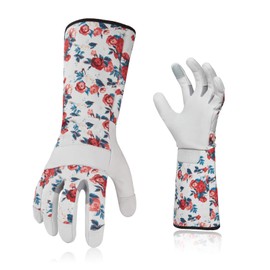 Vgo... Gardening Gloves Women Long Sleeves in Goat Leather, Long Work Gloves Gauntlet Thorn Proof for Yard Garden Agriculture