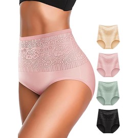 FancyTwig Women's Lace Trim High Waisted Cotton Underwear Full Coverage Ladies Panties Tummy Control Briefs 4 Pack (US, Alpha, Large, Regular, Regular, Green,Pink,Beige,Black)