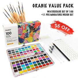 Grabie Value Pack - Watercolor Set of 100 + 11 Pcs Miniature Brush Set