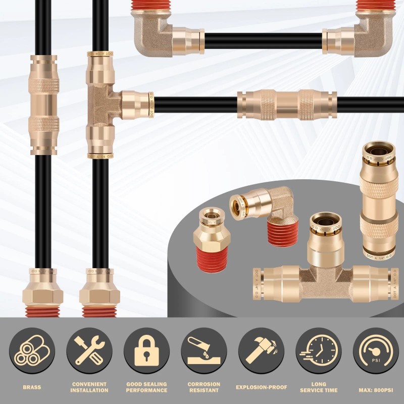 CheeMuii 12 Pcs 1/4 Brass DOT Air Fittings With 50
