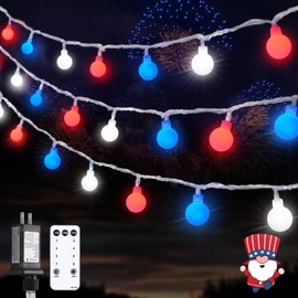 100 LED Connectable Red White and Blue Lights Indoor Outdoor Waterproof, 33ft 4th of July Decoration Lights, 8 Modes Globe String Lights Plug in with Remote for Independence Day Party Patriotic Decor