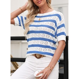 EVALESS Plus Size Tops for Women Spring Short Sleeve Crochet Sweaters Fashion Color Block Hollow Out Knit Shirts Womens Casual Crewneck Oversized Sweater 2025 Summer Outfits Blue XX-Large