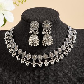 BOINDOON Indian Jewelry Sets for Women Jhumka Necklace Oxidized Choker Chain Earrings Silver Kundan Jewelry Sets, INJ-005-white, Alloy Steel, No Gemstone