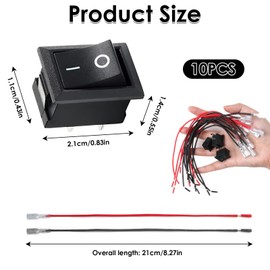 Mini Rocker Switch T85 with One-Way Valve, KCD1-101 Switch, 2-Pin SPST ON/OFF, Maximum Load 10A/125V and 6A/250V, Cable Sets, for Cars, Boats and Electrical Devices, Pack of 10