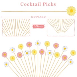 JarThenaAMCS 300Pcs Daisy Cocktail Picks White Yellow Pink Flowers Bamboo Toothpicks 3 Colors Floral Long Cocktail Appetizer Skewers Cocktail Sticks Decorative for Fruit Drink Dessert Party Supplies