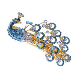 Alilang Womens Golden Tone Sapphire Blue Colored Rhinestones Peacock Bird Hair Clip