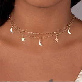 Aneneiceera Boho Star Necklace Dainty Moon Choker Necklace Star Pendant Satellite Gold Chain Choker Trendy Layered Necklace Fashion Jewelry Gift for Women and Girls (Gold)