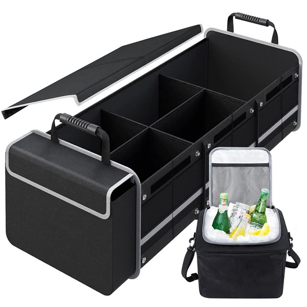 Car Trunk Organizer,Heavy Duty Collapsible Car Trunk Storage Organizer, with Insulated Leakproof Cooler Bag Car Cargo Trunk Organizer with Lid, 3 Compartments, with Straps For Car Suv/Jeep/Sedan