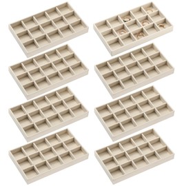 Highergo 8 Pcs Small Velvet Jewelry Trays Stackable Drawers Organizer Trays Ring Earring Storage Trays, 8.3x4.7x1''(Beige,15 Grids)