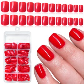 LuckForever Short Press on Nails 240pc Glossy Red Press on Nails Short Square Fake Nails Full Cover False Fingernail French Tips Presson Nail 10 Sheets Glue Nail Adhesive Tabs File Tools for Women