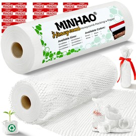 Honeycomb Packing Paper, 12"x300' White | Perforated Honeycomb Packing Paper Recyclable Moving Supplies for Shipping & Moving | Plastic-Free Alternative to Bubble Cushion Wrap with 36 Fragile Stickers