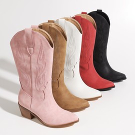 AOSPHIRAYLIAN Cowgirl Boots Wide Calf Cowboy Boots for Women Western Pointed Toe Embroidered Chunky Heel Country Concert Outfits