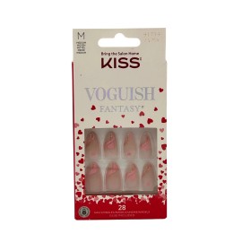 Kiss Medium Glue On Artificial Nails Pink Swirls Hearts & Gold Glitter 91719