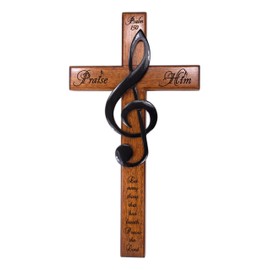 H.J. Sherman Praise Him 12" Carved Wooden Solid Mahogany Wall Cross with Treble Clef and Scripture From Psalm 150