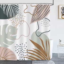 Bonhause Shower Curtain Boho Leaves Abstract Modern Beige Green Shower Curtains 180 x 200 cm Anti-Mould Waterproof Polyester Fabric Washable Bathroom Curtain for Bathroom with 12 Hooks