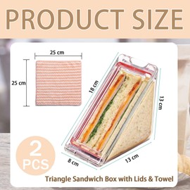 Gudemoore 2 PCS Reusable Sandwich Box with Lid & Towel, Portable Plastic Sandwich Container Triangle, Easy to Clean, Leak-Proof, Transparent Lunch Box Accessories for Breakfast Lunch Picnic Travel