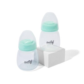 Motif Medical Breast Milk Storage Bottles for Aura Glow Breast Pump - Durable Plastic Breastfeeding Essentials w/Disks, Covers & Nipple Caps - Breast Milk Container (Set of 2, 6oz)
