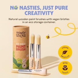 Honeysticks My First Paint Brush Set - 3 Pack: Ideal for Babies and Toddlers. Jumbo Brushes with Chubby Wood Handles for Easy Grip, Vegan. Includes Handy Storage Container