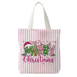 ZOFGUO Pink and Green Merry Christmas Tote Bag for Women, Preppy Christmas Tree Canvas Tote Bag, Girly Xmas Pink Striped Winter Holiday Reusable Shopping Grocery Bags