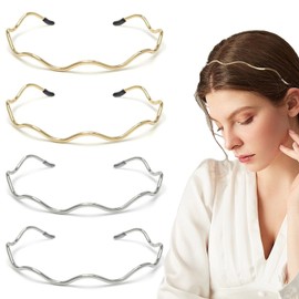 4PCS Metal Headbands for Women – Trendy Gold & Silver Hair Accessories, Elastic Designer Bands for Teens & Women